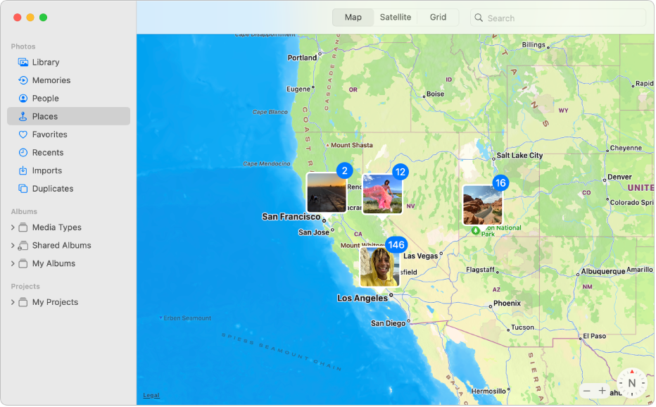 The Photos window showing a map with photo thumbnails grouped by location.