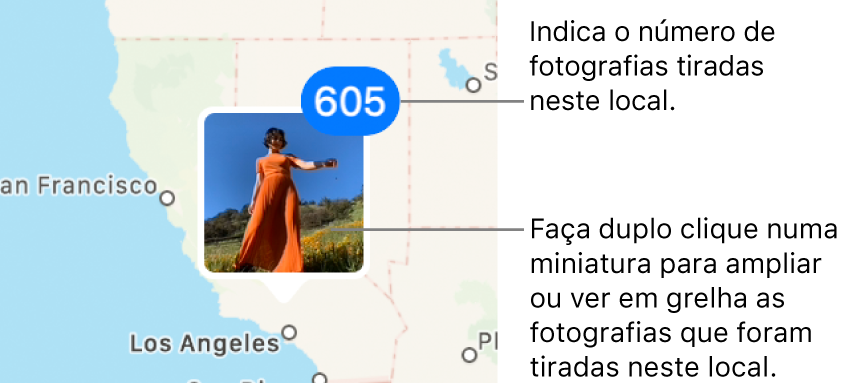 Uma miniatura de foto em um mapa, com um número no canto superior direito indicando o número de fotos tiradas no local.
