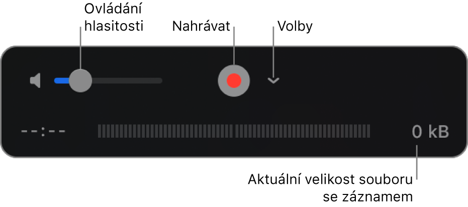 Ovládací prvky záznamu, včetně ovládání hlasitosti, tlačítka Záznam a místní nabídky Volby