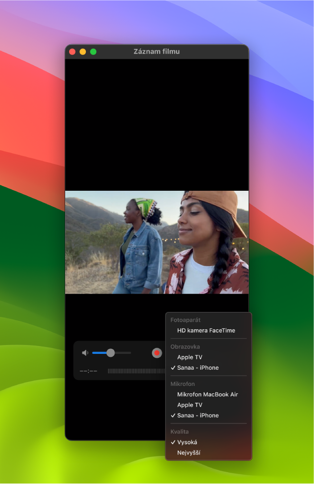 Okno QuickTime Playeru na Macu během záznamu pomocí iPhonu
