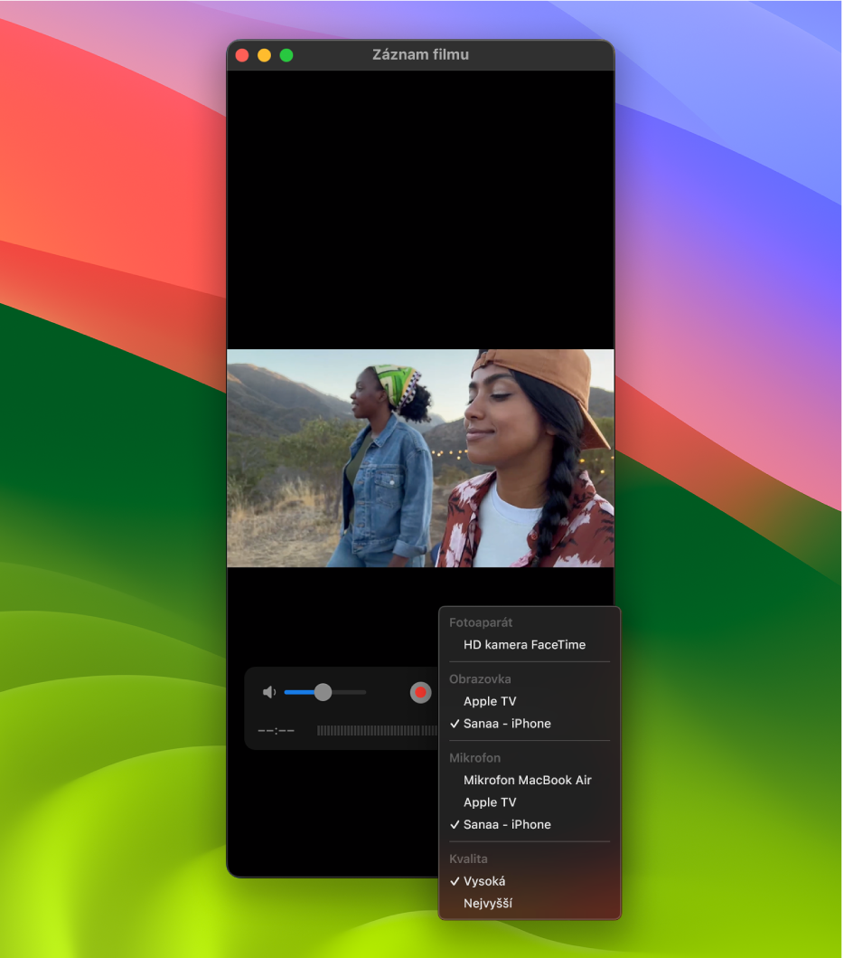 Okno QuickTime Playeru na Macu během záznamu pomocí iPhonu