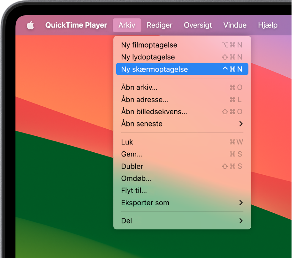 I appen QuickTime Player åbner du Arkivmenuen og vælger kommandoen Ny skærmoptagelse for at begynde en skærmoptagelse.