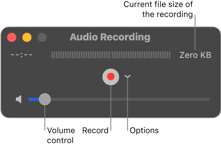 The Audio Recording window with the Record button and the Options pop-up menu in the centre of the window, and the volume control at the bottom.