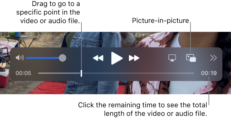 The QuickTime Player playback controls. Along the top are the volume control, the Rewind button, Play/Pause button, Fast-Forward button, Choose a Display button, Picture-in-Picture button and the Share and Playback Speed button. At the bottom is the playhead, which you can drag to go to a specific point in the file. The time remaining in the file appears at the bottom right.