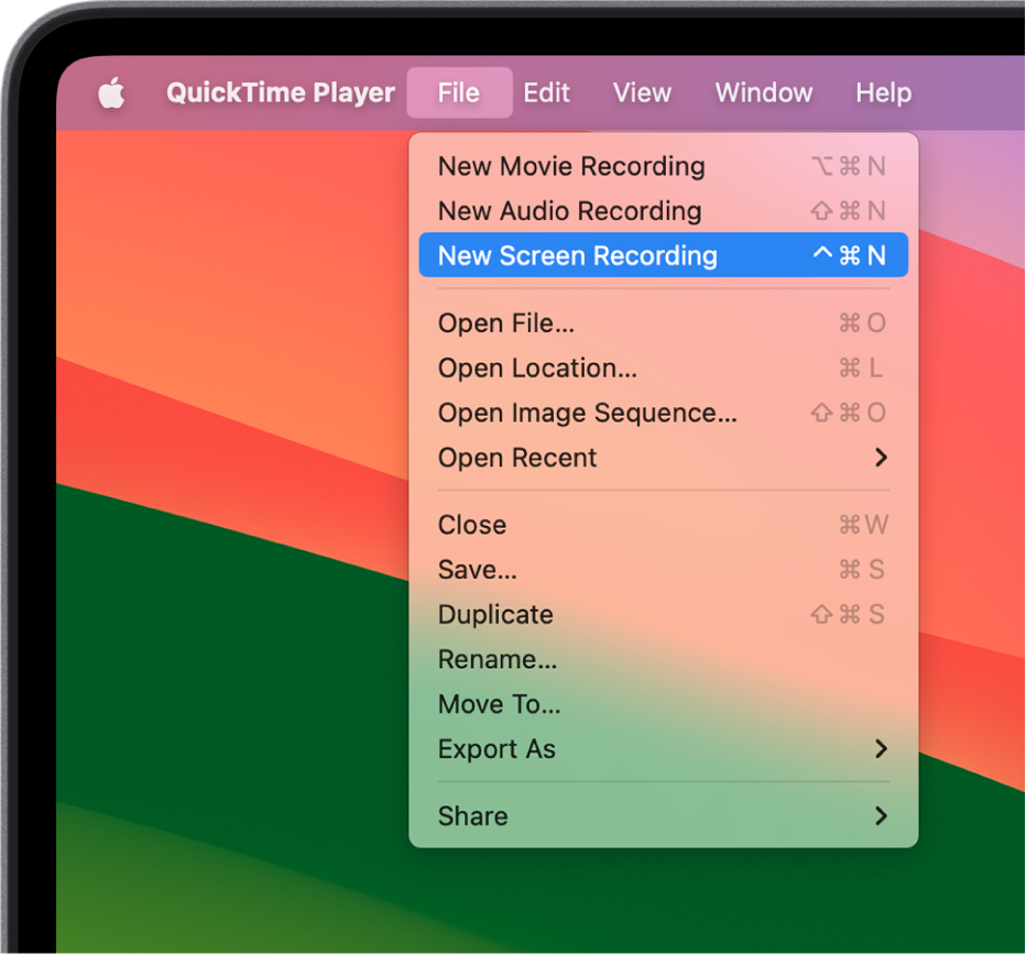 In the QuickTime Player app, the File menu is open, and the New Screen Recording command is being chosen to start recording the screen.