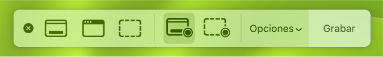 Las herramientas de Captura de Pantalla con el botón Grabar a la derecha y el menú desplegable Opciones a un lado.