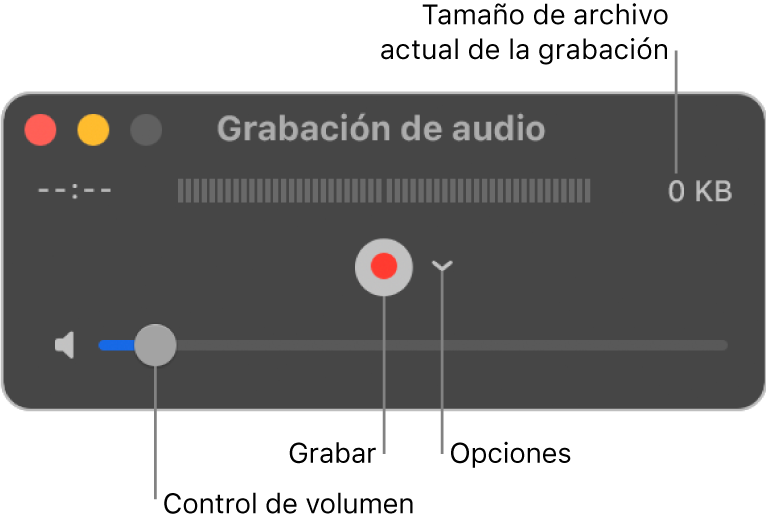 La ventana de grabación de audio con el botón Grabar y el menú desplegable Opciones en el centro de la ventana, y el control de volumen en la parte inferior.