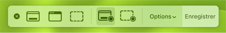 Les outils de capture d’écran avec le bouton Enregistrer à droite et le menu contextuel Options à côté.