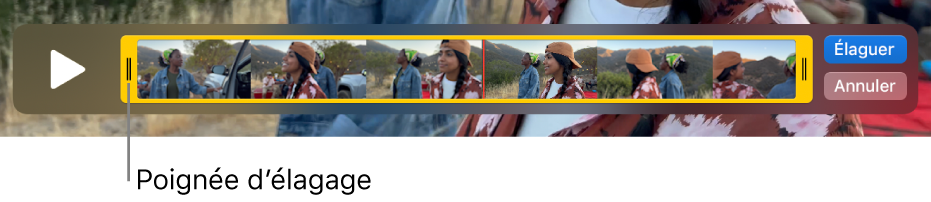 Un plan dans la fenêtre QuickTime Player, montrant une partie du plan entre les poignées jaunes, et le reste en dehors. Le bouton Élaguer et le bouton Annuler sont à droite.