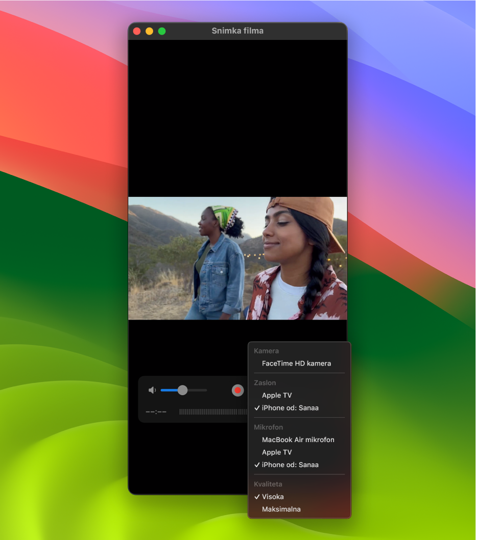 Prozor QuickTime Player na Macu pri snimanju uređajem iPhone.