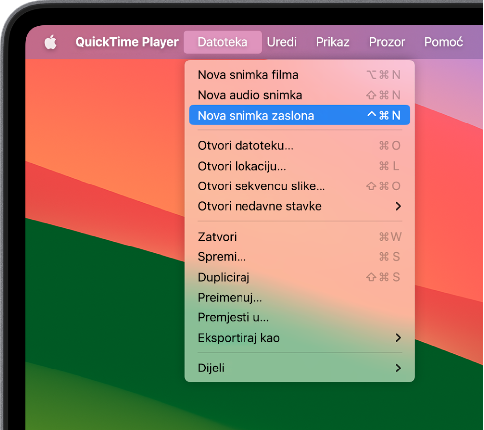 U aplikaciji QuickTime Player otvoren je izbornik Datoteka i odabrana je naredba Nova snimka zaslona za započinjanje snimanja zaslona.