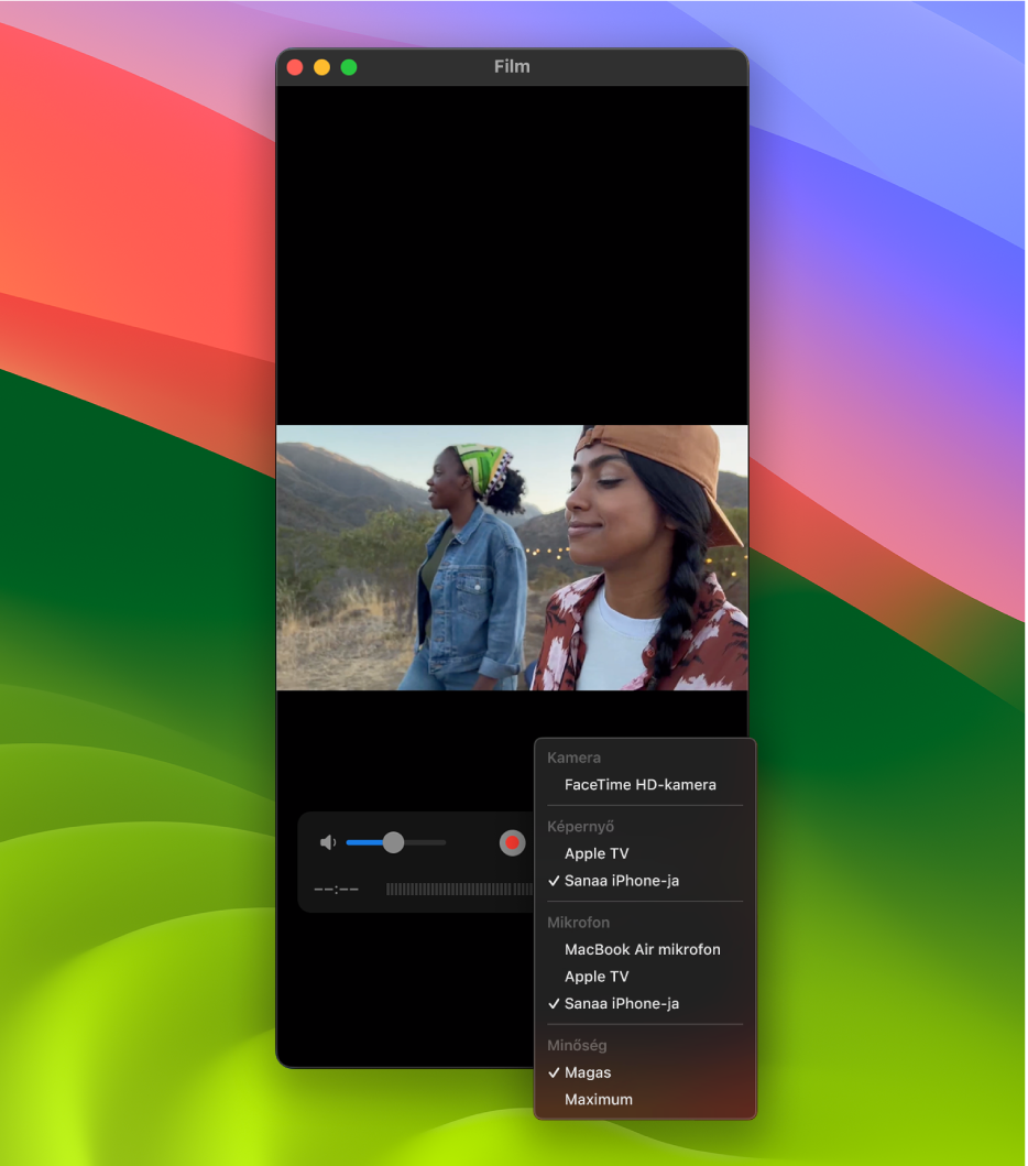 A QuickTime Player ablaka a Mac gépen, miközben felvétel készül iPhone-nal.