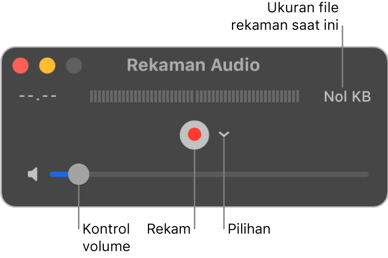 Jendela Rekaman Audio dengan tombol Rekam dan menu pop-up Pilihan di pusat jendela, serta kontrol volume di bagian bawah.