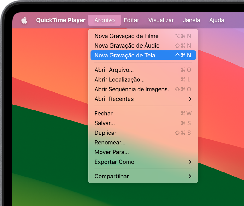 No aplicativo QuickTime Player, o menu Arquivo está aberto, e o comando Nova Gravação de Tela está sendo escolhido para iniciar a gravação da tela.