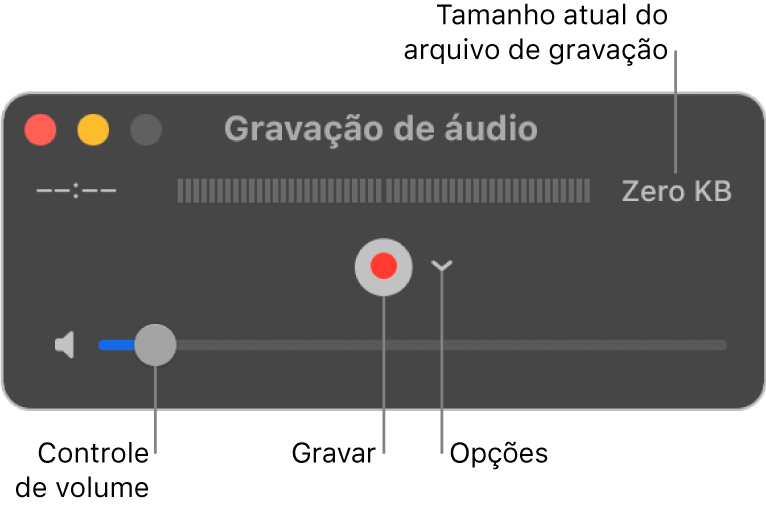 A janela “Gravação de áudio” com o botão Gravar e o menu pop-up Opções no centro da janela e o controlo de volume na parte inferior.