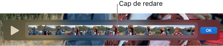 Un clip din fereastra QuickTime Player, având capul de redare aproape de centrul clipului.