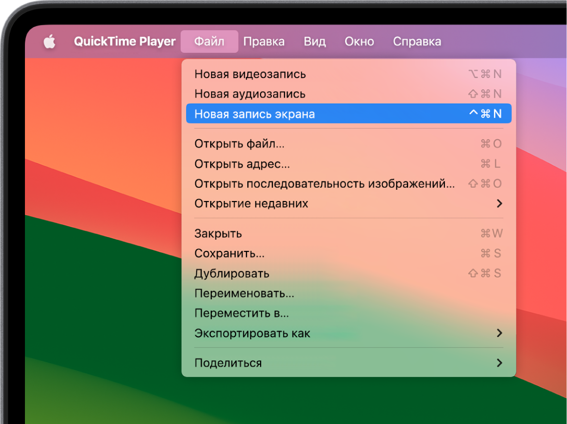 В приложении QuickTime Player открыто меню «Файл». Выбрана команда «Новая запись экрана», запускающая запись экрана.