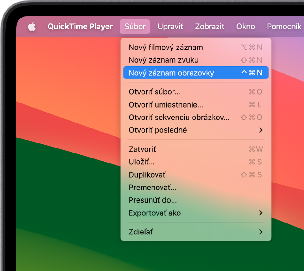 V apke QuickTime Player je otvorené menu Súbor s vybratým príkazom Nový záznam obrazovky, ktorý spustí nahrávanie obrazovky.