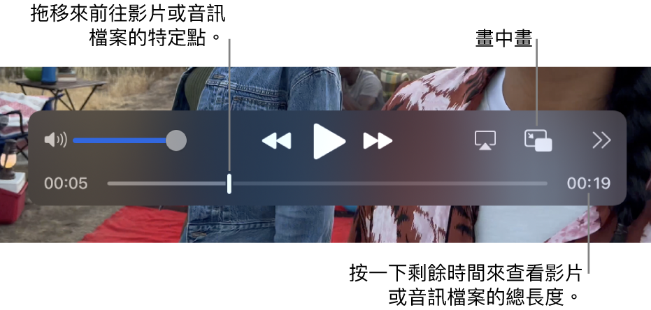 QuickTime Player 播放控制項目。沿着最上方分別為音量控制、「回帶」按鈕、「播放/暫停」按鈕、「快轉」按鈕。選擇「顯示器」按鈕、「畫中畫」按鈕，以及「分享」和「播放速度」按鈕。底部是播放磁頭，讓你在檔案中拖移至特定點。檔案剩餘時間會顯示在右側下方。