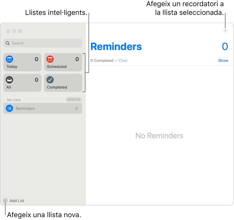 Finestra de l’app Recordatoris amb el botó “Afegir una llista” a l’angle inferior dret, el botó “Afegir un recordatori” a l’angle superior dret i llistes intel·ligents a la barra lateral.