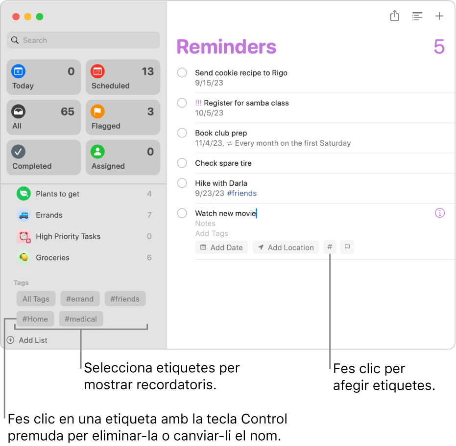 Una finestra de l’app Recordatoris amb diverses etiquetes a la barra lateral i un recordatori amb una etiqueta aplicada.