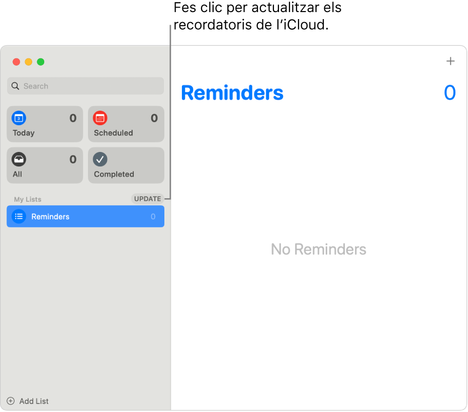 Finestra de l’app Recordatoris amb el botó Actualitzar a la barra lateral.