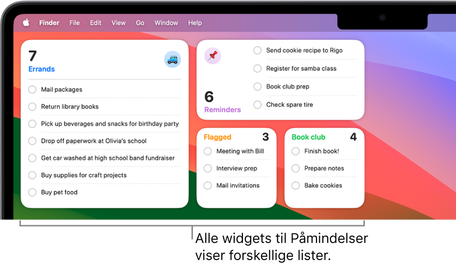 Fire widgets til Påmindelser på skrivebordet med hver sin liste.