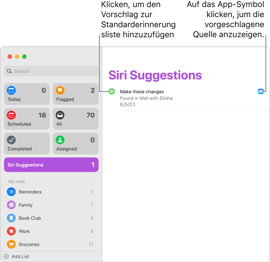 Eine Liste mit Siri-Vorschlägen in der App „Erinnerungen“ zeigt eine Erinnerung, die von der App „Mail“ aus vorgeschlagen wurde.