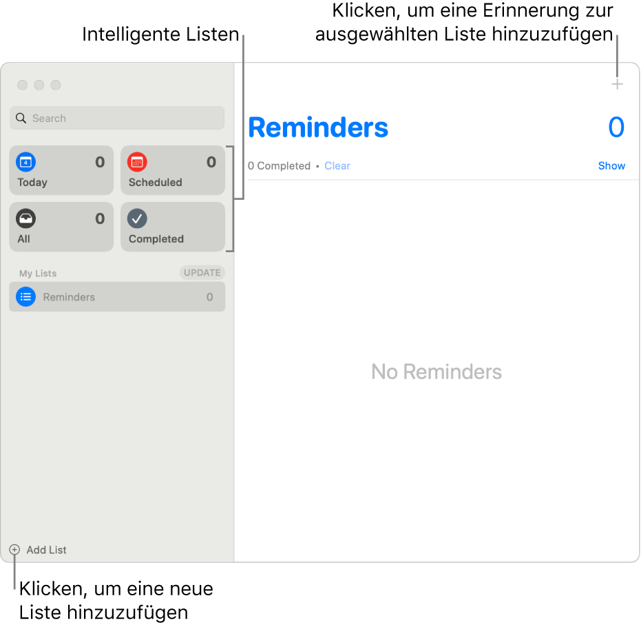 Ein Fenster „Erinnerungen“ zeigt die Taste „Liste hinzufügen“ unten rechts, die Taste „Erinnerung hinzufügen“ oben rechts und intelligente Listen in der Seitenleiste.