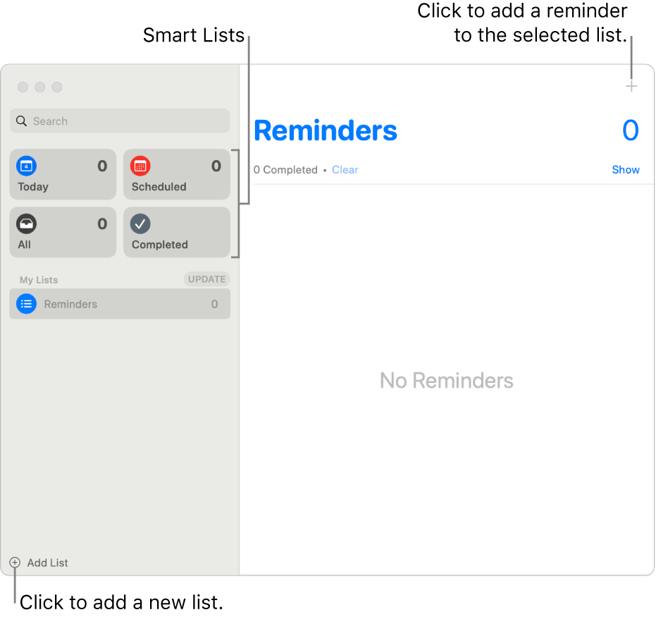 A Reminders window showing the Add List button in bottom-right corner, the Add Reminder button in the top-right corner and Smart Lists in the sidebar.