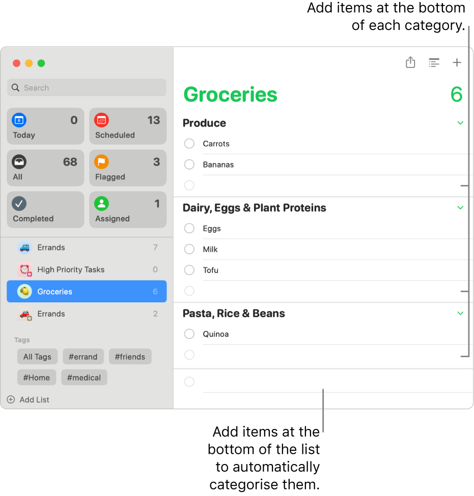 A shopping list with items listed in three categories. There are empty fields at the bottom of each category to add items, and an empty field at the bottom of the entire list to add items that are automatically categorised.