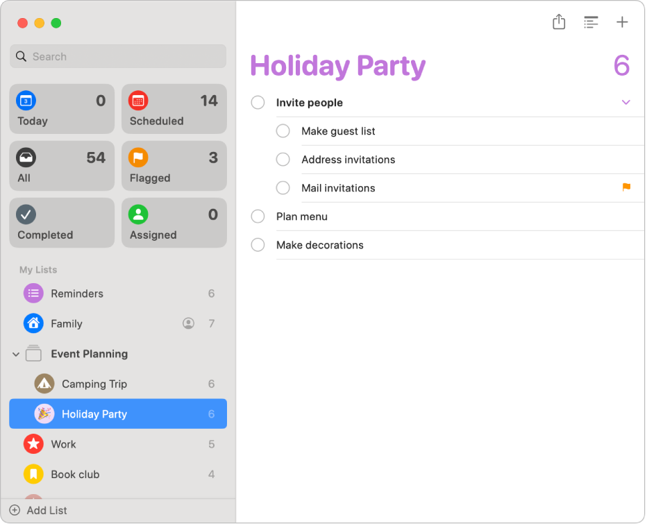A Reminders window showing a list with subtasks.