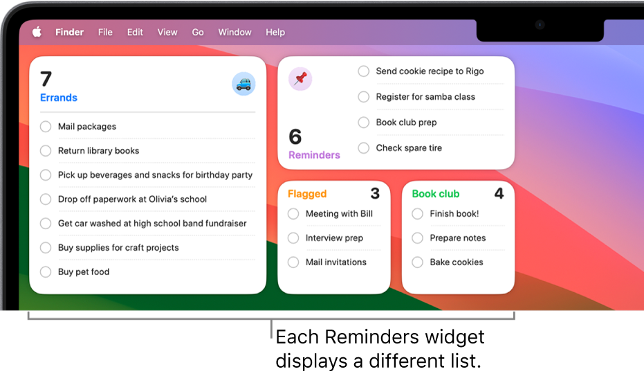 Four Reminders widgets on the desktop, each showing a different list.