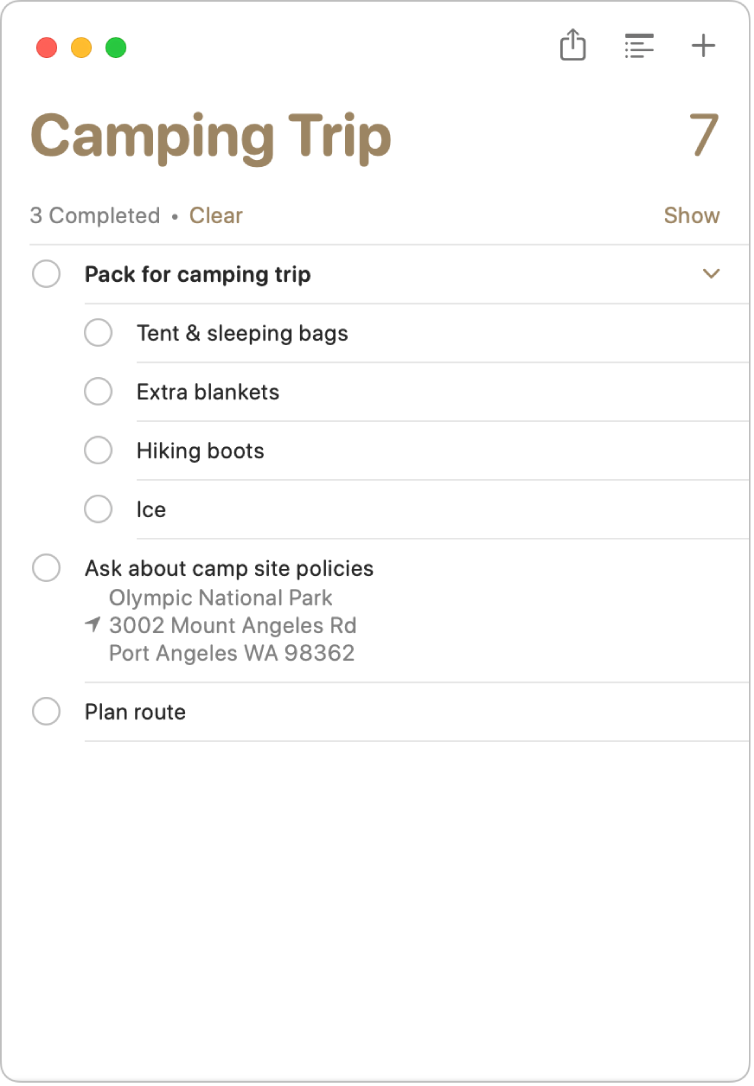 A reminders list showing the reminders organised into subtasks.