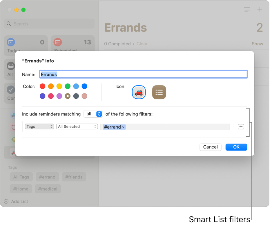 A custom Smart List info window showing the filters pop-up menu.