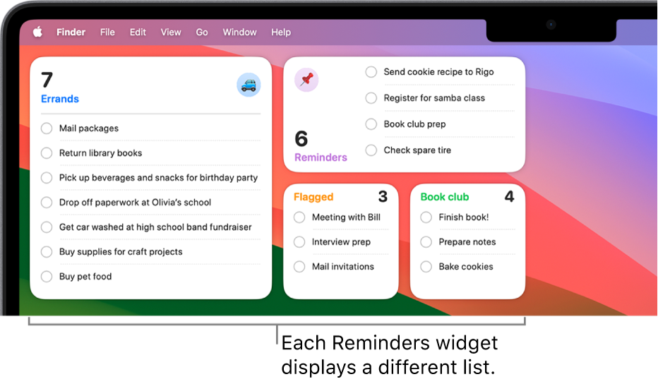 Four Reminders widgets on the desktop, each showing a different list.