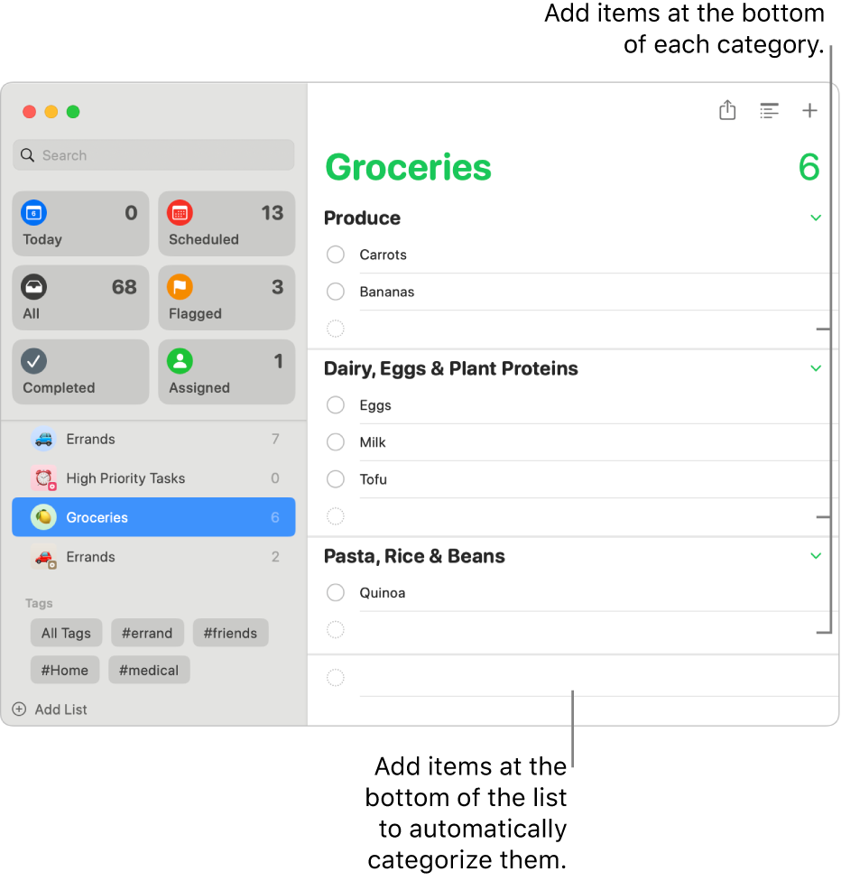 A grocery list with items listed in three categories. There are empty fields at the bottom of each category to add items, and an empty field at the bottom of the entire list to add items that are automatically categorized.