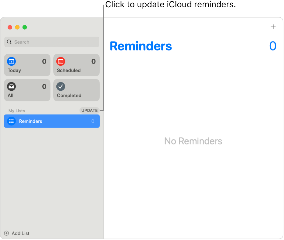 A Reminders window showing the Update button in the sidebar.