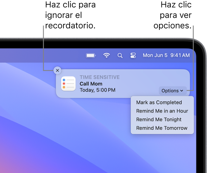 Notificación de un recordatorio con los botones Completado y Más tarde.