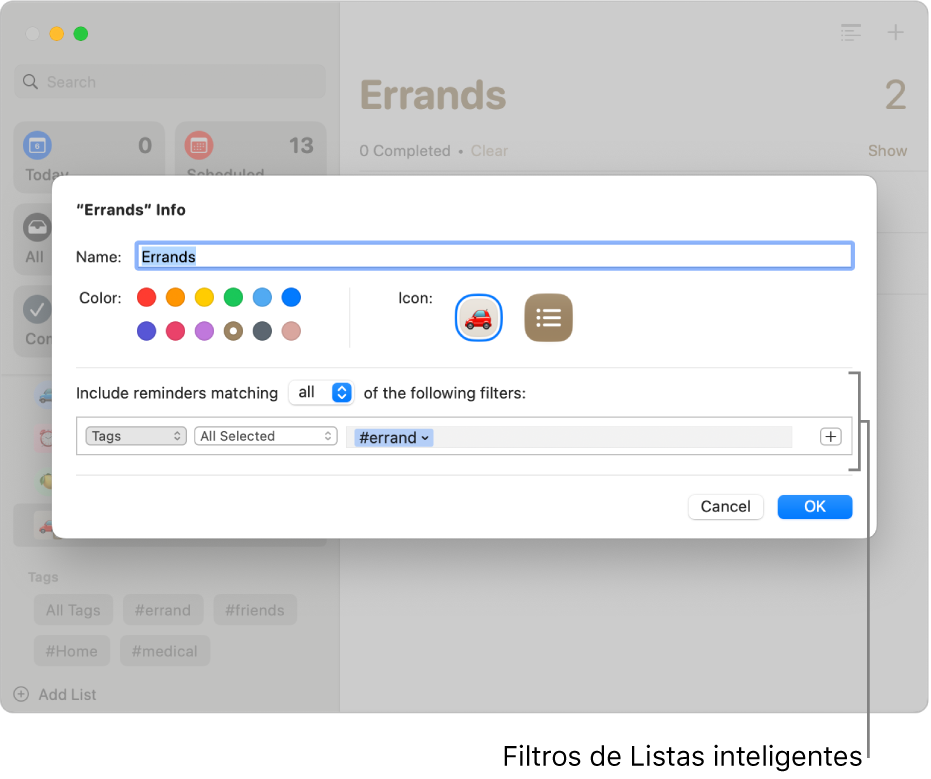 Una ventana de información de una lista inteligente personalizada mostrando el menú desplegable de filtros.