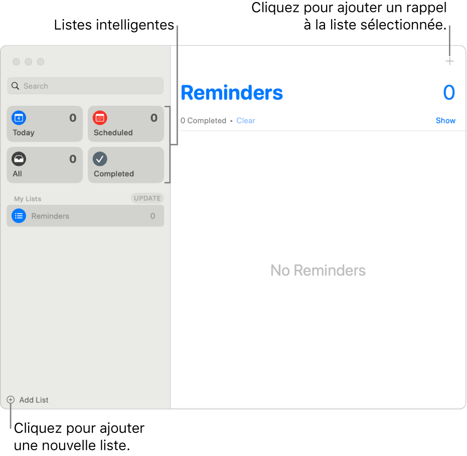Fenêtre Rappels qui affiche le bouton Ajouter une liste en bas à droite, le bouton Ajouter un rappel en haut à droite et des listes intelligentes dans la barre latérale.
