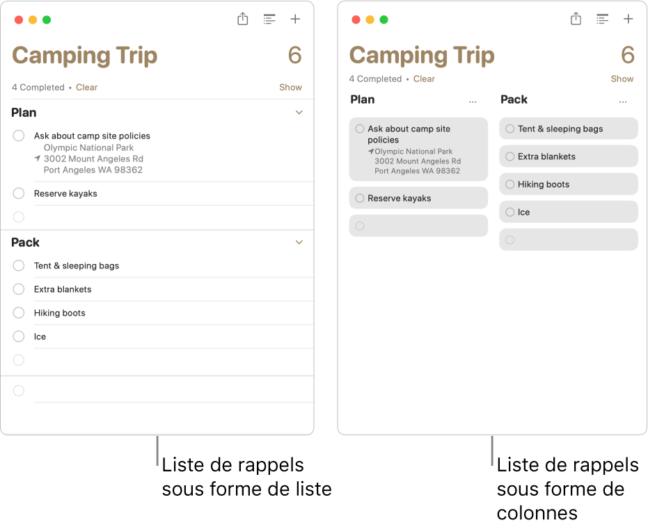 À gauche, une liste de rappels est affichée en présentation par liste. À droite, la même liste de rappels est affichée en colonnes. La liste de rappels comporte deux sections. Les titres de ces sections servent d’en-têtes de colonne.