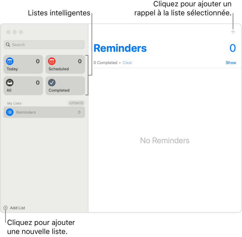 Une fenêtre Rappels affichant le bouton « Ajouter une liste » en bas à droite, le bouton « Ajouter un rappel » en haut à droite et « Listes intelligentes » dans la barre latérale.