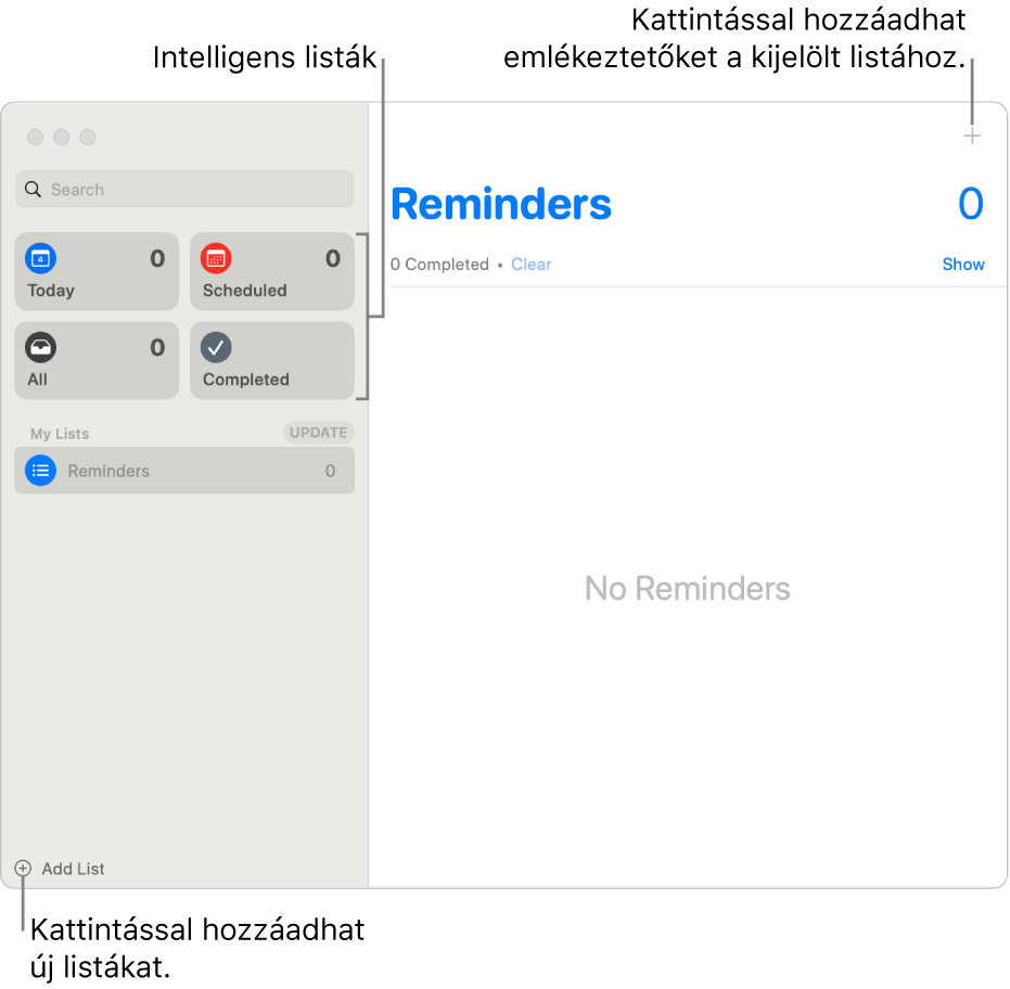 Az Emlékeztetők ablaka: a jobb alsó sarokban látható a Lista hozzáadása gomb, a jobb felső sarokban az Emlékeztető hozzáadása gomb, az oldalsávon pedig az Intelligens listák.