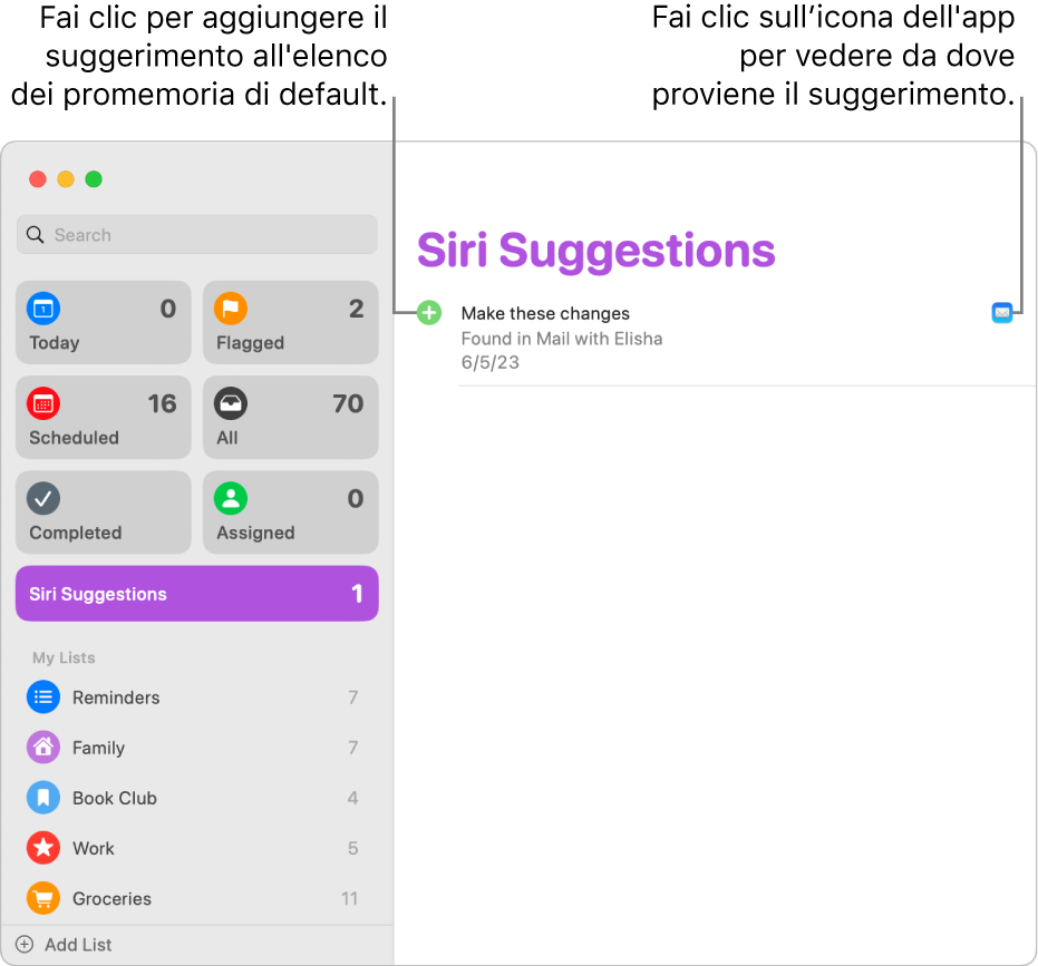 Un elenco “Suggerimenti di Siri” nell’app Promemoria che mostra un promemoria suggerito dall’app Mail.
