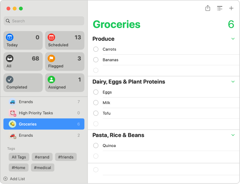 카테고리별로 정리된 식료품 쇼핑 목록이 표시된 미리 알림 윈도우.