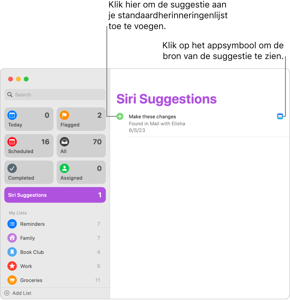 Een lijst met Siri-suggesties in de app Herinneringen waarbij een herinnering wordt voorgesteld uit de Mail-app.