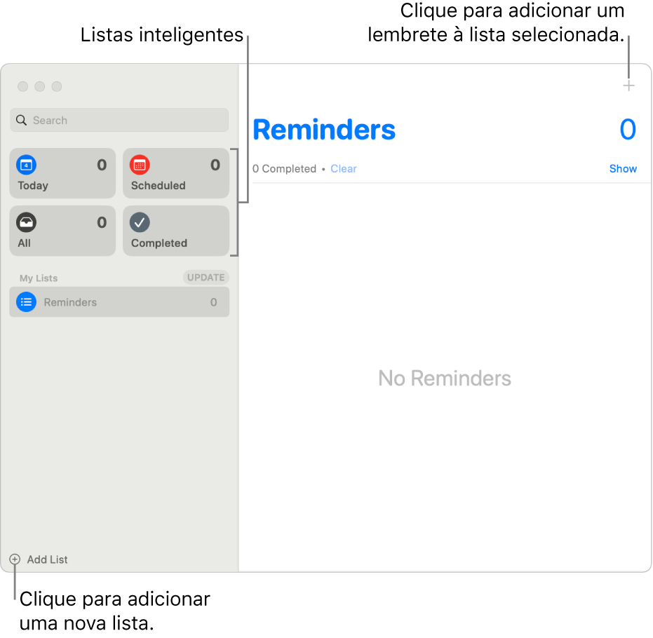 Uma janela do app Lembretes mostrando o botão Adicionar Lista no canto inferior direito, o botão Adicionar Lembrete no canto superior direito e Listas Inteligentes na barra lateral.
