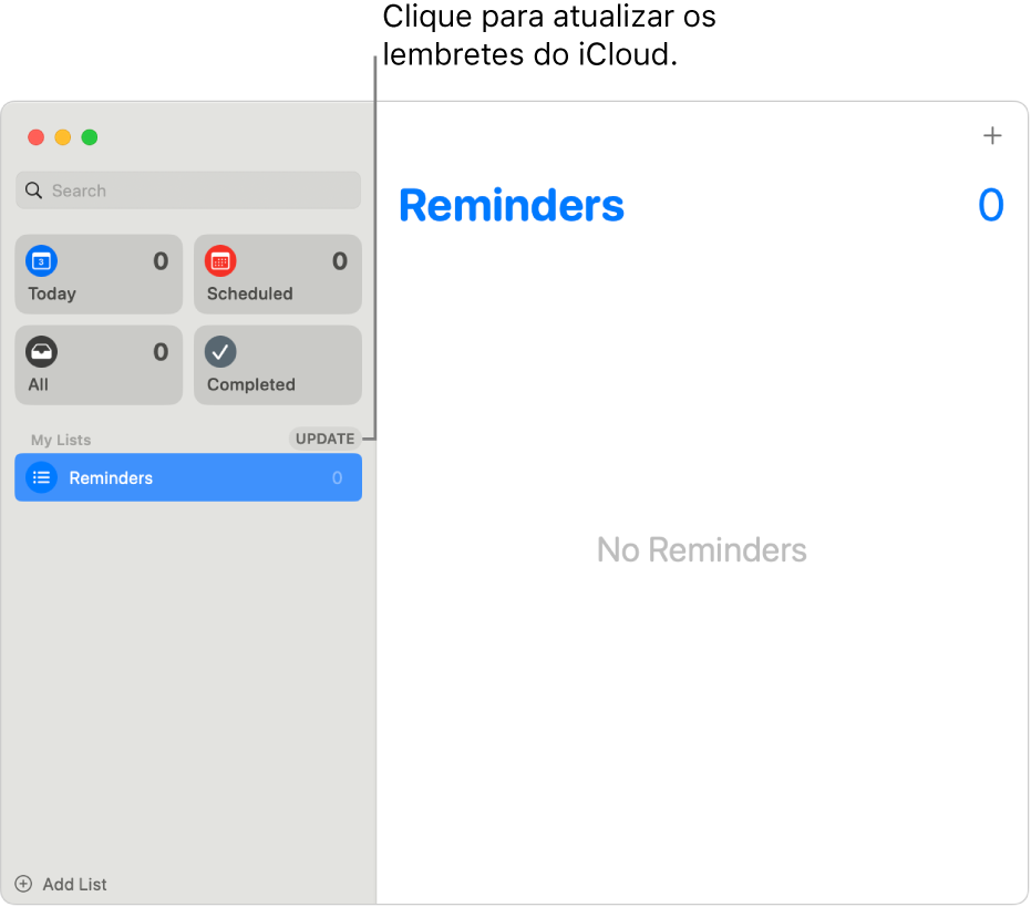 Janela do app Lembretes mostrando o botão Atualizar na barra lateral.