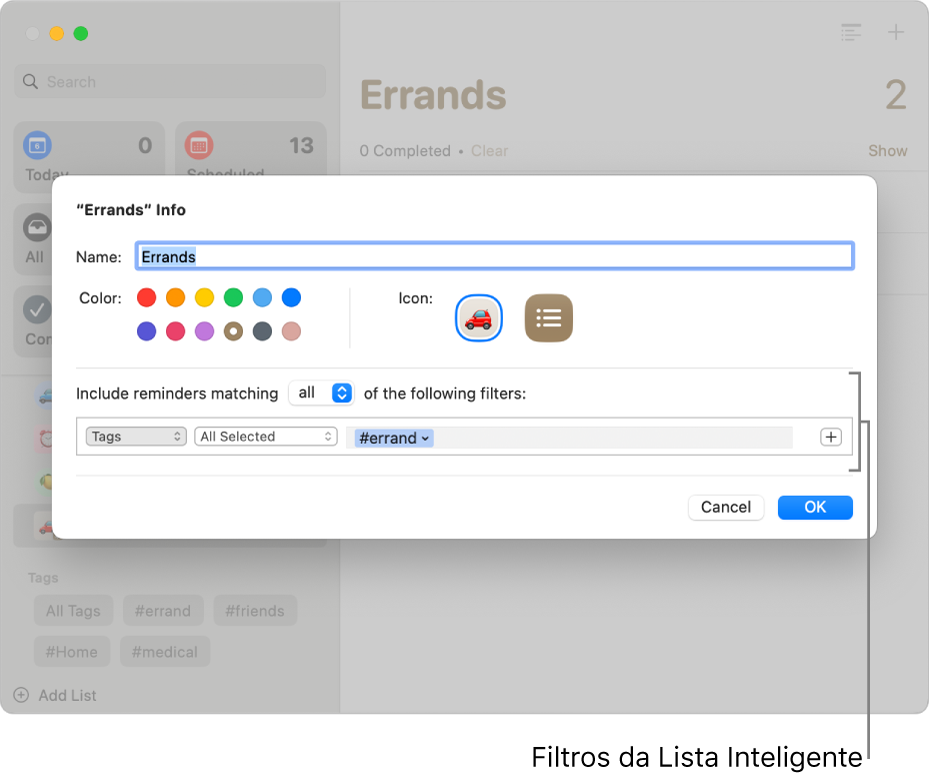 Janela de informações de uma Lista Inteligente personalizada mostrando o menu local de filtros.